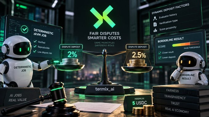 A promotional graphic for termix.ai titled 'FAIR DISPUTES SMARTER COSTS,' showing a scale comparing 2% and 2.5% dispute deposits alongside robotic figures labeled 'DETERMINISTIC JOB' and 'BORDERLINE RESULT.'