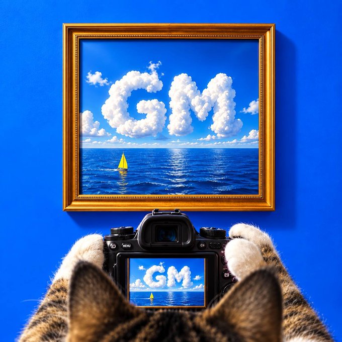 A cat holding a camera photographs a framed artwork where fluffy clouds form the letters "GM" against a blue sky above an ocean with a small yellow sailboat. The image cleverly ties into the caption by asking what you spot first—the "GM" cloud lettering or the cat behind the camera framing the shot.