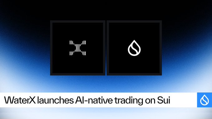 The image features a banner with two squares, one of which has an x symbol inside while the other displays a water droplet icon. The text "waterx Launches AI-native trading on Sui" is written below these symbols. This suggests that the image might be related to a promotional campaign for a company named Waterx, possibly launching an AI-native trading platform or service called Sui.