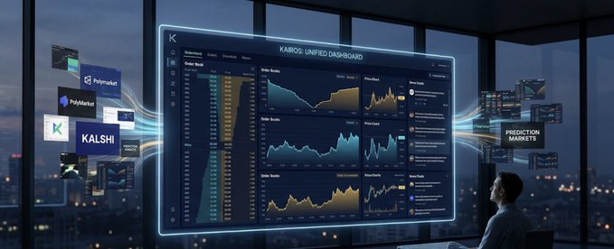 A futuristic dashboard titled 'KARIOS: UNIFIED DASHBOARD' displays market data, charts, and order books, with logos for Polymarket, Kalshi, and 'PREDICTION MARKETS' floating around it as a person looks on.