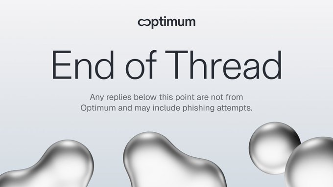 The image is an Optimum-branded “End of Thread” notice stating, “Any replies below this point are not from Optimum and may include phishing attempts.” It appears to be a moderation/security announcement accompanying the post about a purported Optimum TurboCards mint commemorating Ethereum mainnet slots.