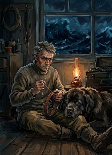A digital painting depicting an elderly man in a sweater mending a leather strap, sitting beside a large dog, with a lit oil lamp and a stormy night visible through the window behind them.