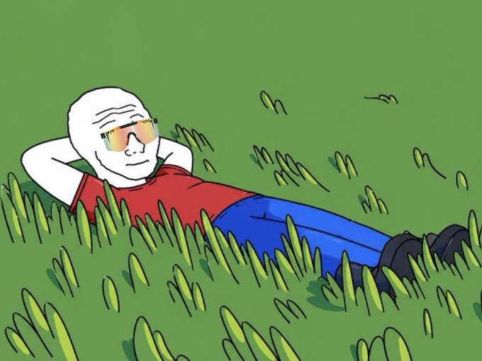 !" Comfy in a red shirt, with white hair and blue jeans laying on the grass.