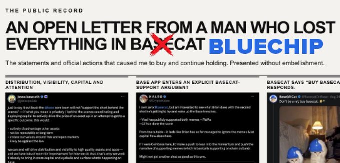 An article headline reading 'AN OPEN LETTER FROM A MAN WHO LOST EVERYTHING IN BASECAT BLUECHIP' from 'The Public Record,' featuring X/Twitter screenshots of Base and BaseXCAT discussions.