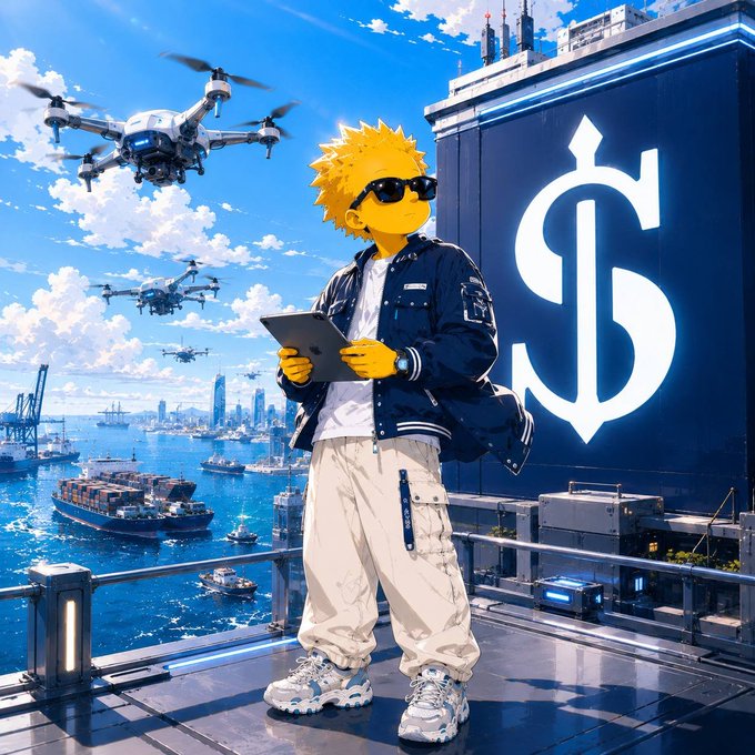 An anime-style illustration of a yellow-skinned character with spiky hair and sunglasses holding a tablet, standing on a futuristic platform overlooking a busy harbor with cargo ships and drones, next to a large blue sign with a white dollar sign symbol.