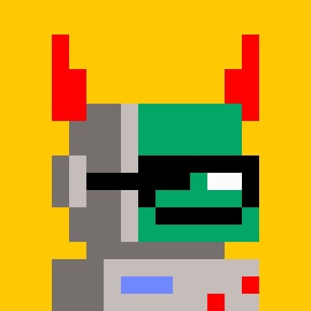 A pixel art depiction of a red-horned robot character with a green visor on a yellow background.