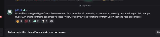A Discord post by "jeff.hl" dated August 26, 2026 announces that HyperCore is live on testnet, where manual borrowing against HyperCore is enabled but mainnet is restricted to portfolio margin, while HyperEVM smart contracts gain access to borrow/lend functionality via CoreWriter. The post supports the accompanying commentary about using $HYPE as collateral to borrow $USDC for non-trading purposes, like offramping to buy a house.