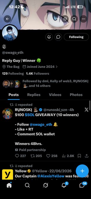 A Twitter/X profile screenshot for @swago_eth (Reply Guy | Winner 🍀), showing 1.4K followers and a reposted tweet from @runoski announcing a '$100 $SOL GIVEAWAY' requiring follow, like, and retweet to enter.