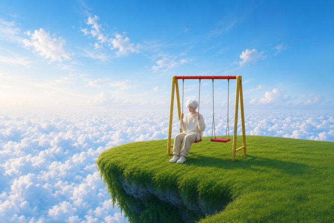 A surreal digital artwork of an elderly person sitting on a swing on a small grassy floating island above the clouds under a blue sky.