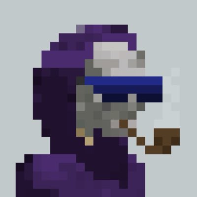 Pixel art of a hooded figure with a skull-like face, wearing a purple cloak and smoking a pipe.