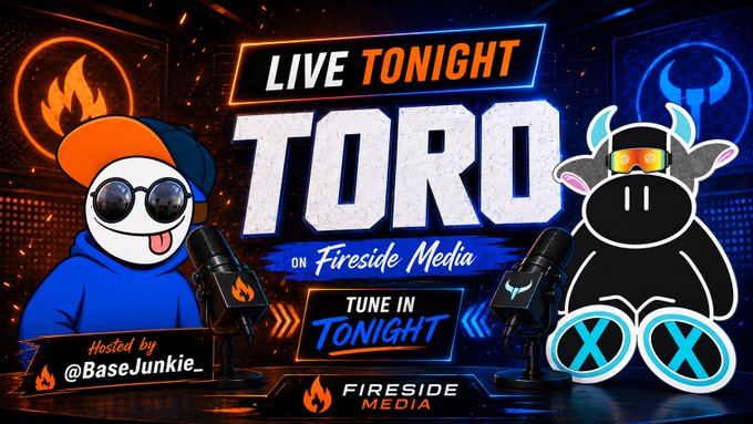 A promotional graphic for 'LIVE TONIGHT: TORO on Fireside Media' hosted by @BaseJunkie_, featuring cartoon mascot characters with microphones.