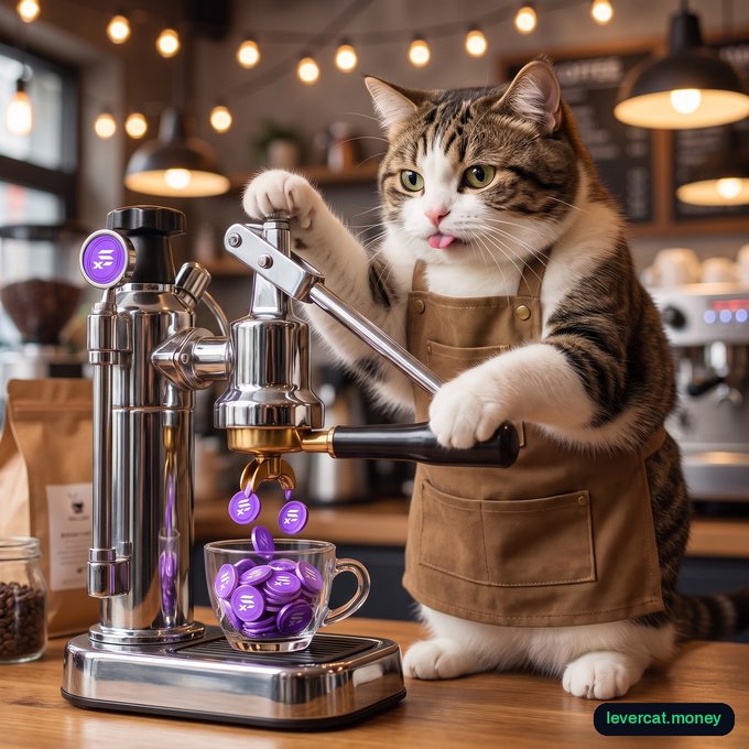 An AI-generated or stylized image of a tabby cat wearing a brown apron, operating an espresso machine with purple Solana (SOL) branded coffee pods and coins.