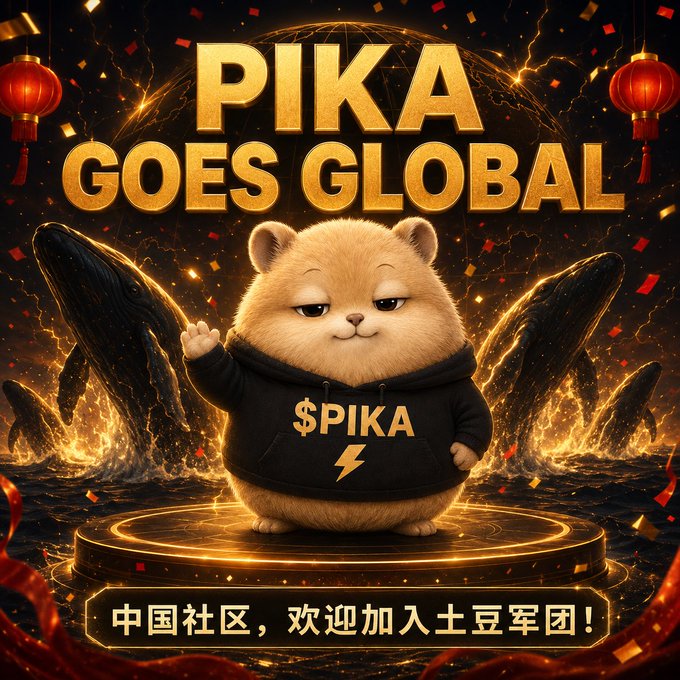 The image features a cute fluffy Pomeranian-style dog wearing a black hoodie with "$PIKA" written across the chest, standing on a golden platform with dramatic fiery wings and red lanterns in the background, beneath bold golden text reading "PIKA GOES GLOBAL" and Chinese text "中国社区，欢迎加入土豆军团！" ("Chinese community, welcome to the Potato Army!"). The epic, grandiose composition visually reinforces the post's announcement of $PIKA's global expansion and Chinese community joining the "Potato Army."