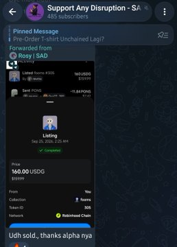 A Telegram message preview from 'Support Any Disruption' showing a Forwarded message about a $160.00 USDG price listing, forwarded from $AD.