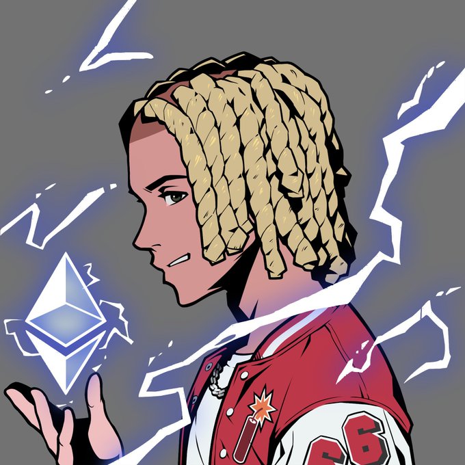 A stylized digital illustration of a profile view of a person with blonde braided hair, wearing a red and white jacket with the number 26, holding a glowing Ethereum crystal.