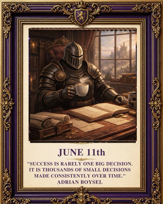 The image features a poster with a man wearing a knight's helmet sitting at a desk, holding a cup of coffee while looking down at some books or papers. The poster also includes a quote from Adrian Boysel about making choices that lead to success.