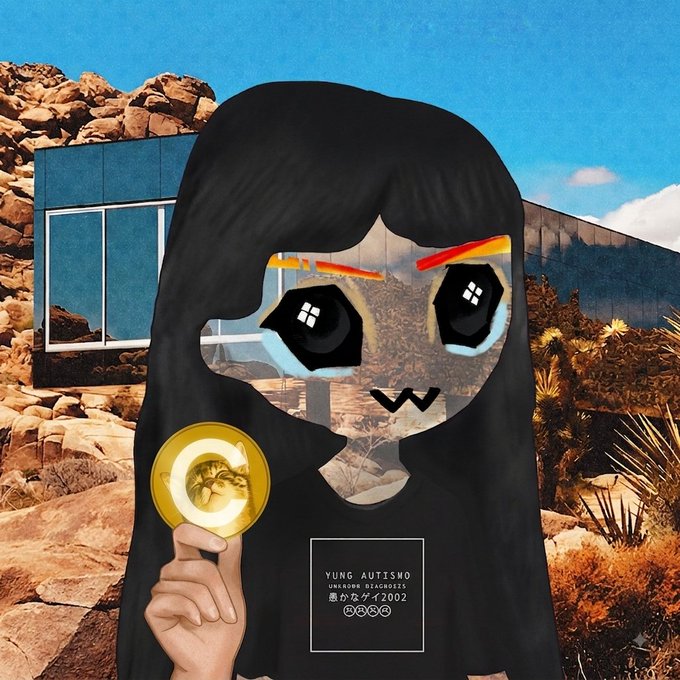 Album cover or artwork titled 'Yung Autismo - Unknown Stagnancy' featuring an anime-style character with black hair holding a gold coin in front of a desert house.