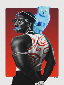 Stylized artwork of a man wearing a white patterned tank top and a black hat, with a blue owl perched on his shoulder against a red background.