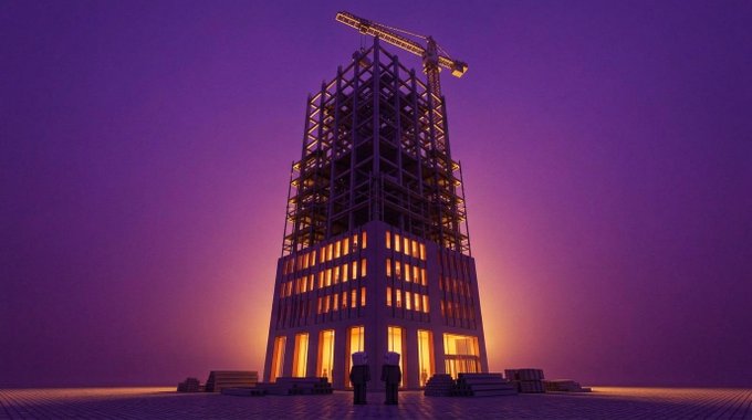 A stylized 3D render of a skyscraper under construction with a crane on top, glowing orange from within against a deep purple twilight sky.