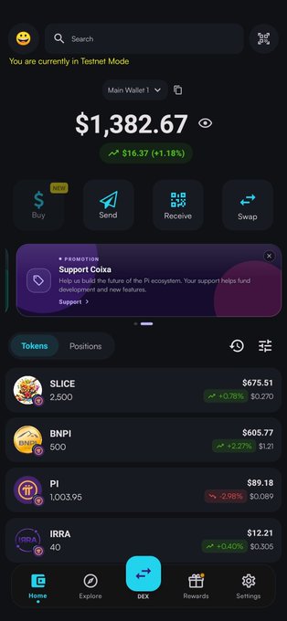 A screenshot of the Pi DEX wallet interface shows a balance of $1,382.67 (up 1.18% at $16.37 per Pi), with token holdings displayed including SLICE ($675.51), BNPi ($605.77), PI ($89.18), and IRRA ($12.21), illustrating how tokens on Pi DEX hold USD-denominated values through their Pi pairing.
