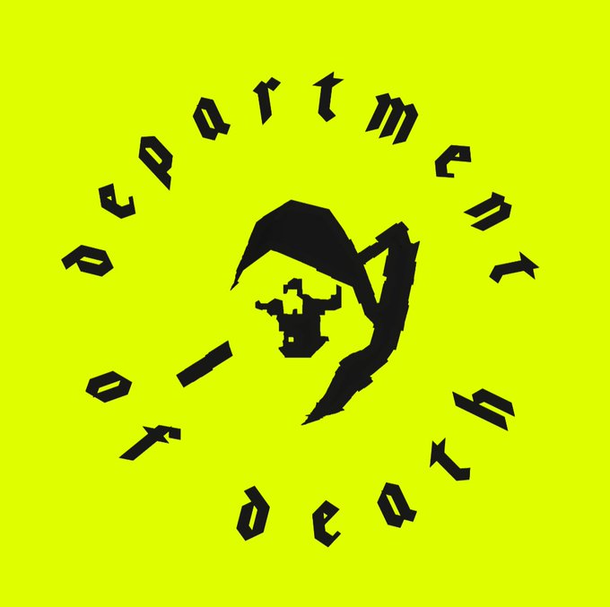 A bright yellow graphic with black pixel-art text reading 'department of dead' arranged in a circle around a hooded grim reaper figure holding a skull.