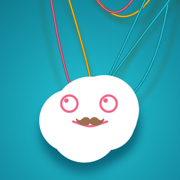 A white cartoon cloud character with pink eyes, a mustache, and a smiling face floating against a teal background with colorful strings attached.