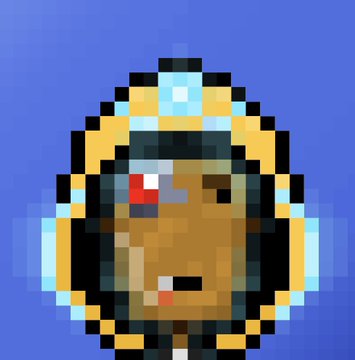 A pixel-art portrait of a character with brown skin, a beard, and a blue and gold headpiece, with one red eye visible, set against a blue background.