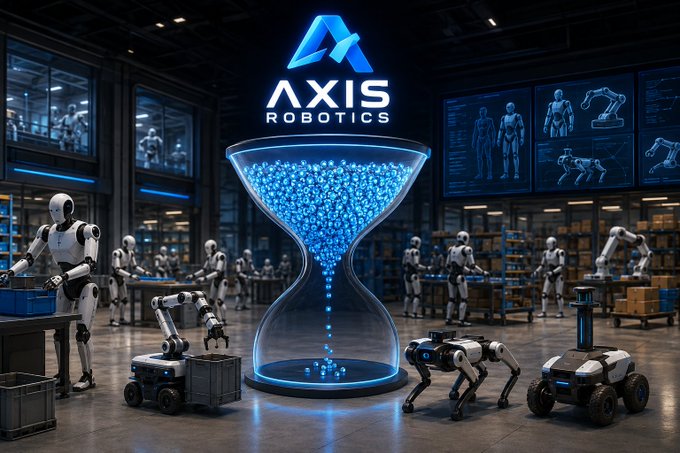 A futuristic promotional image for 'AXIS ROBOTICS' showing a large glowing hourglass filled with blue particles, surrounded by humanoid robots and robotic dogs in a high-tech factory setting.