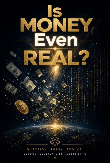 A stylized graphic asking 'Is MONEY Even REAL?' in gold text, featuring floating dollar bills, a gold coin, and a geometric logo, with the tagline 'QUESTION. THINK. EVOLVE. BEYOND ILLUSION LIES POSSIBILITY.'