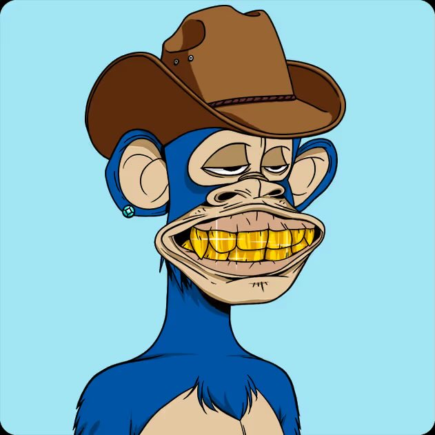 A cartoon illustration of a blue-furred ape character wearing a brown cowboy hat, featuring prominent gold grillz on its teeth and a slightly smug expression against a light blue background.