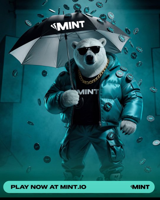 A promotional advertisement featuring an anthropomorphic polar bear wearing sunglasses, a gold chain, and a teal jacket holding a 'MINT' umbrella in the rain, with text reading 'PLAY NOW AT MINT.IO'.