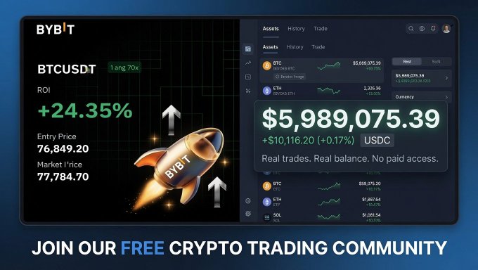 The image shows a poster with an advertisement offering a chance for people to join a crypto trading community that provides free access to joining, free trade data, and free entry pricing. The background of the poster features a rocket ship.