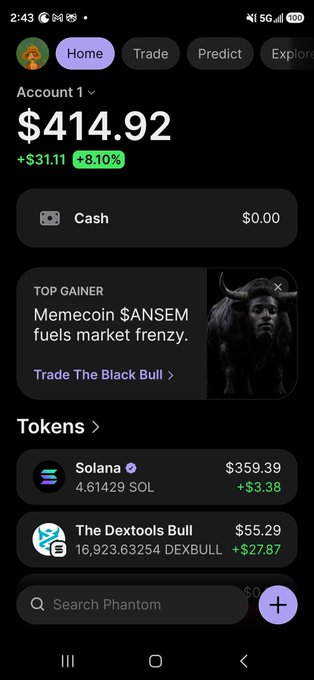 A screenshot of the Phantom wallet app showing a $414.92 account balance (+$31.11) with holdings in Solana and The Dextools Bull, and a 'Meme coin $ANSEM fuels market frenzy' promotion.