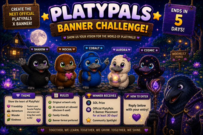 The image features five cartoon animals, including a bear, a raccoon, a fox, an owl, and a rabbit, sitting together with their arms around each other. The background of the image is dark purple, which contrasts with the lighter colors of the animals' fur. In the top left corner of the image, there are two stars that appear to be floating in space.

The main focus of the image is the banner challenge displayed on it. It reads "Platypals Banner Challenge! Show us your vision for the world platypals!". The animals seem to be participating in this challenge by sitting together and forming a group, with their arms around each other.