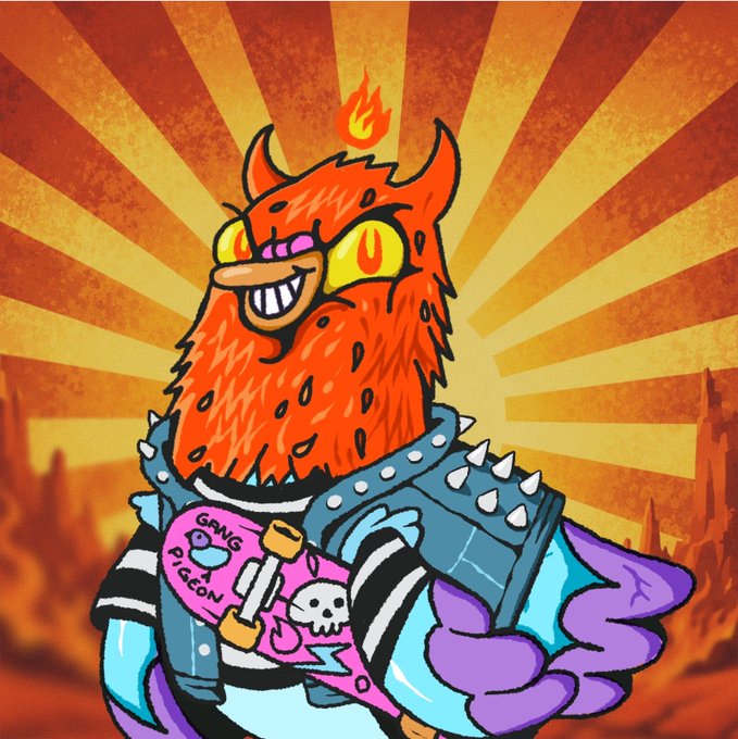 A colorful cartoon illustration of a fiery red demon character with horns wearing a spiked denim vest and a skateboard with 'GANG PIGEON' written on it, set against a sunburst orange background.