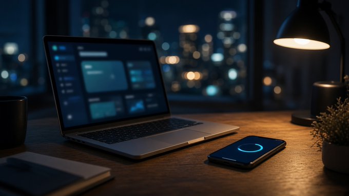 A laptop displaying a dashboard sits on a wooden desk at night beside a smartphone with a glowing circular icon, a coffee mug, a notebook, and a small plant, with city lights visible through the window. The image illustrates the concept of AI agents autonomously executing online transactions, mirroring the post's discussion of XDC's settling agent API enabling AI-driven USDC payments via Coinbase's x402 protocol without human intervention.