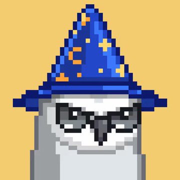 A pixel art illustration of a gray bird (resembling an owl or falcon) wearing a large blue wizard hat decorated with orange and yellow star and moon patterns.