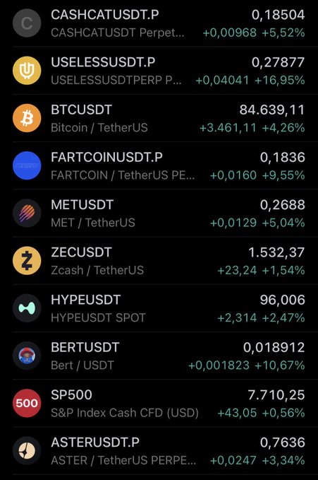 A cryptocurrency trading screen displays various pairs including CASHCATUSDT.P at 0.18504, USELESSUSDT.P at 0.27877, BTCUSDT at 84,639.11, FARTCOINUSDT.P at 0.1836, and others, all showing positive price changes in green.