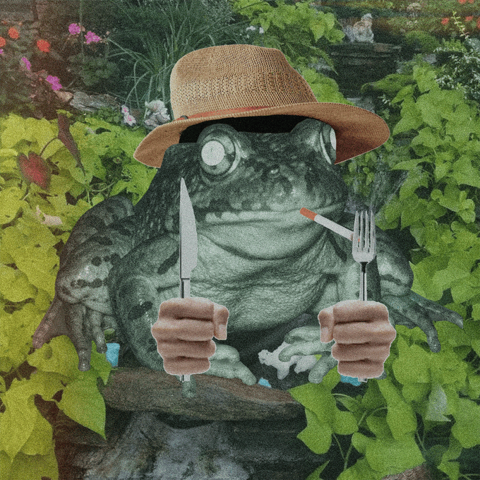 A surreal collage of a large frog wearing a straw hat and holding a knife, fork, and a lit cigarette while seated in a garden, playfully advertising the $FRONG NFT mint on OpenSea for holders.