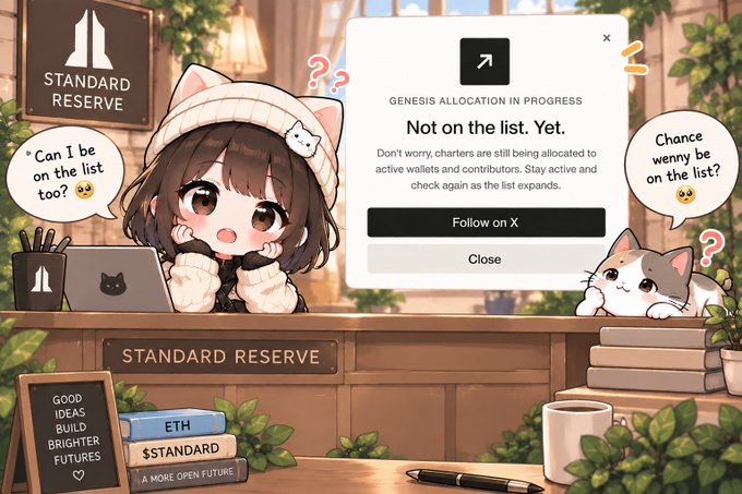 An anime-style illustration shows a girl with cat ears and a cat companion at a 'STANDARD RESERVE' desk, with a popup window reading 'GENESIS ALLOCATION IN PROGRESS - Not on the list. Yet.' and speech bubbles asking 'Can I be on the list too? 🥺' and 'Chance wenny be on the list? 🥺'.