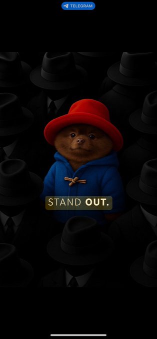 The image features a cartoon bear wearing a red hat with the words "stand out" written on it. The bear is surrounded by other cartoon characters dressed similarly in hats and clothing. The background of the image is black, which contrasts with the colorful cartoon characters. The caption below the image reads, "I don't think there's a better way to showcase the phrase 'stand out' than @BinanceUS launching on @BERT coincto. Whilst the market has been down, @bertcoincto has been unphased and continued to build behind the scenes."