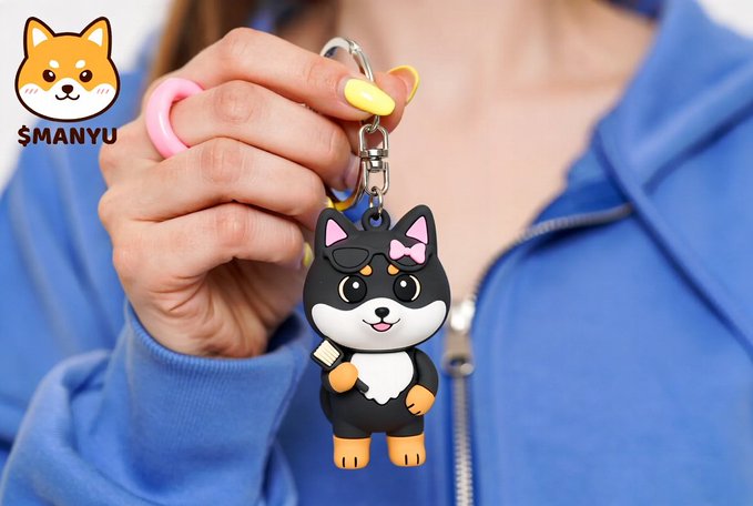 A person in a blue hoodie holds up a keychain featuring a black and white dog (Shiba Inu) character with a pink bow and eyepatch, branded '$MANYU'.