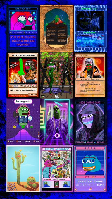 A Pepe the Frog themed trading card collection featuring various meme cards including 'New Feli Fefe', 'Pepe the Barbarian', and 'Mold Cursed 2020' on a dark blue background.