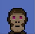 A small pixel art character with purple eyes against a solid blue background.