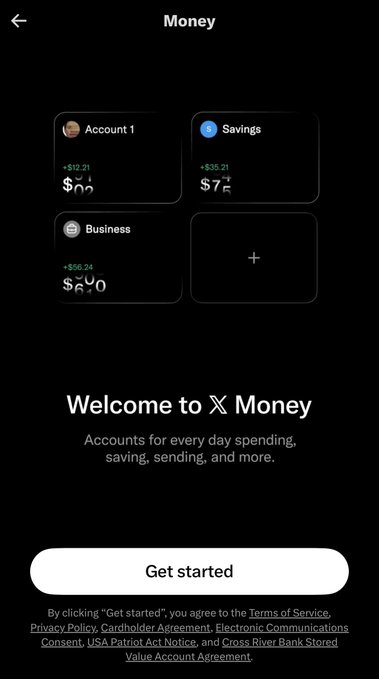 A mobile app screen titled 'Money' showing three account tiles (Account 1 with $12.21, Savings with $35.21, Business with $56.24) above 'Welcome to X Money' with a 'Get started' button and Terms of Service text referencing Cross River Bank.