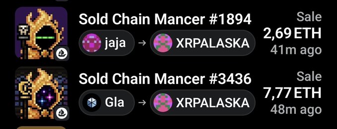 The image shows two recent NFT sales of "Chain Mancer" #1894 and #3436, both purchased by XRPALASKA for 2.69 ETH and 7.77 ETH respectively, highlighting active trading of this pixel-art hooded character collection referenced in the "Hoods up" post.