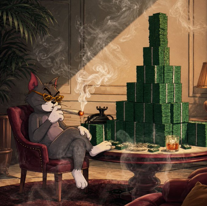 An illustration of Tom from Tom and Jerry lounging in a chair wearing sunglasses and smoking a cigar, sitting next to a large pyramid of cash stacks in a dimly lit, luxurious room.