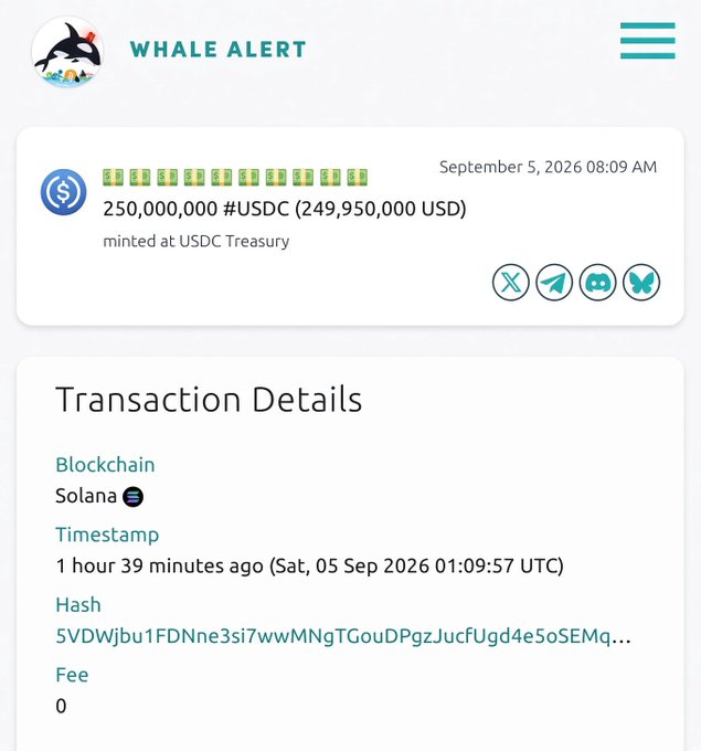 A Whale Alert notification shows 250,000,000 USDC ($249,950,000 USD) minted at USDC Treasury on the Solana blockchain on September 5, 2026.