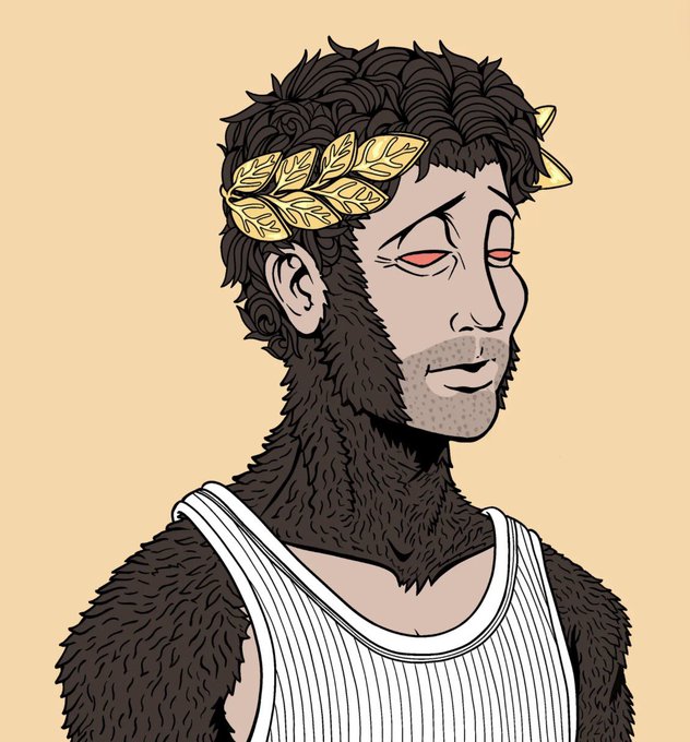 A digital illustration of a man with dark fur, a golden laurel wreath, and red eyes wearing a striped tank top.