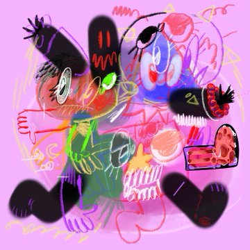 A vibrant, chaotic digital illustration on a bright pink background features abstract figures with expressive, scribbled features—including wide eyes, sharp teeth, and bold black hair—rendered in a mix of cartoonish and graffiti-like styles. The colorful, energetic artwork reflects the post's celebration of "four years of drawings, many different styles," showcasing the artist's evolving range, while the "[GEARS]" text suggests this piece may be part of a personal collection with a 30.18% mint completion status.